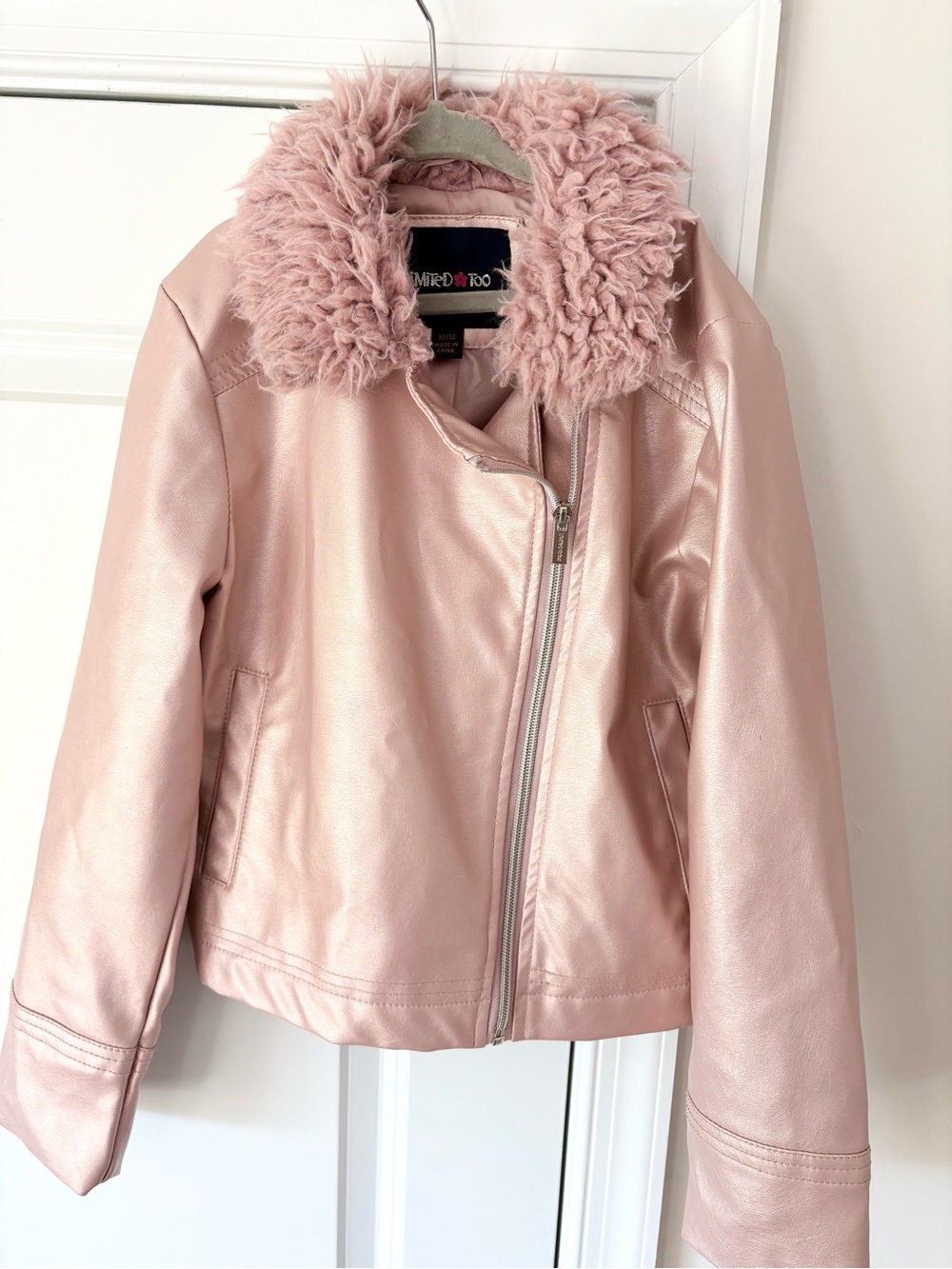 Limited Too Girls' Blush Pink Faux Leather Jacket with Faux Fur Collar 10/12